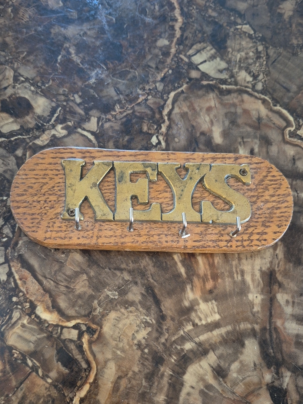 Brass 'KEYS' Wall Key Rack on Oak Wood